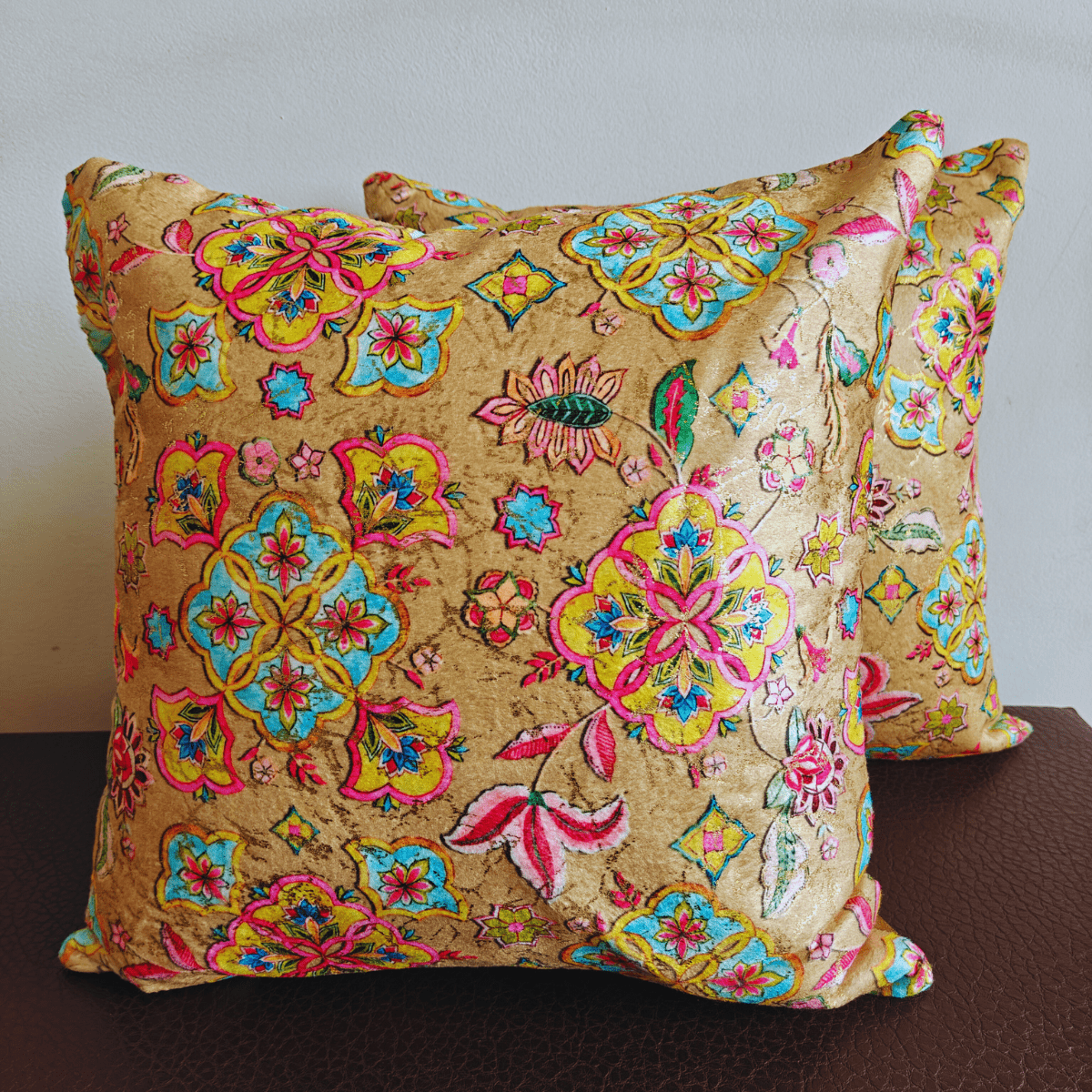 Utsav Cushion Cover Set – Polyester Velvet – 16" x 16" (Pack of 2) - Coral Slub -